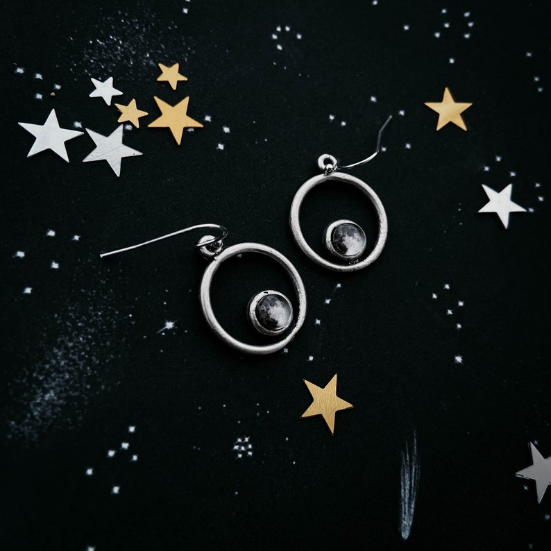 My Moon Circle Dangle Earrings Silver Tone Customized Lunar Phase Chandelier Personalized Celestial Jewelry How the Moon Looked