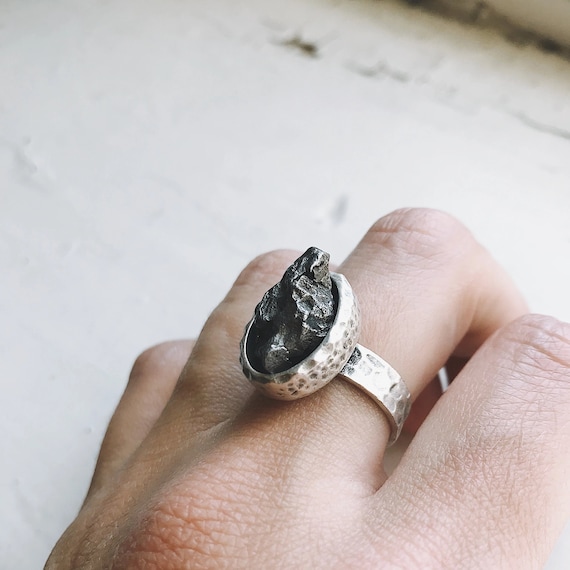 Oval Raw Meteorite Ring in Silver - Campo del Cielo Authentic Meteor Crystal Jewelry by Yugen Handmade - Gifts under 50, Women in STEM