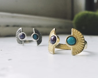 De l'aube au crépuscule - Bague Boho Sunburst deux pierres turquoise - Bijoux nature par Yugen fait main, bague d'inspiration céleste avec pierres naturelles