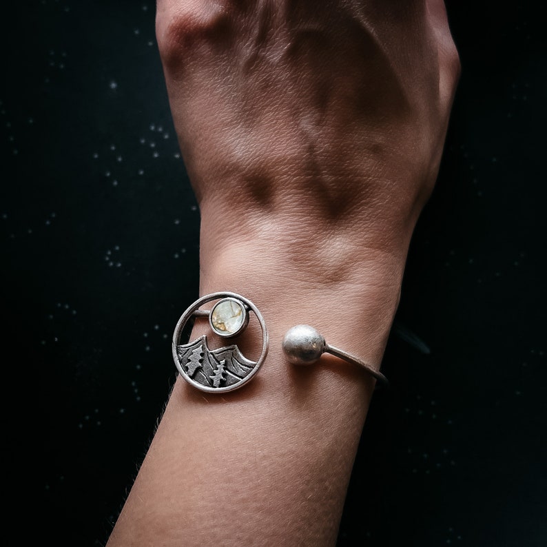 Landscape Cuff Bracelet with Mountains, Trees, and Copper Calcite Moon with Silver Bead Adjustable, Nature Jewelry image 1