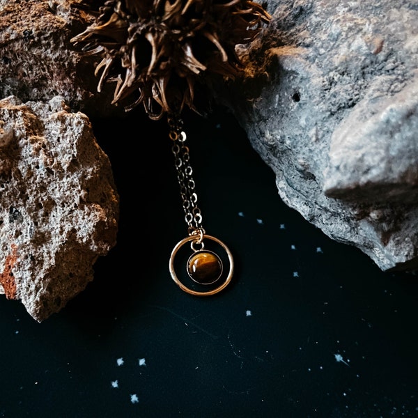 Rings of Saturn Mini Necklace - Tiger Eye Stone, 18k Gold - Celestial Planet Necklace, Solar System Inspired Jewellery by Yugen