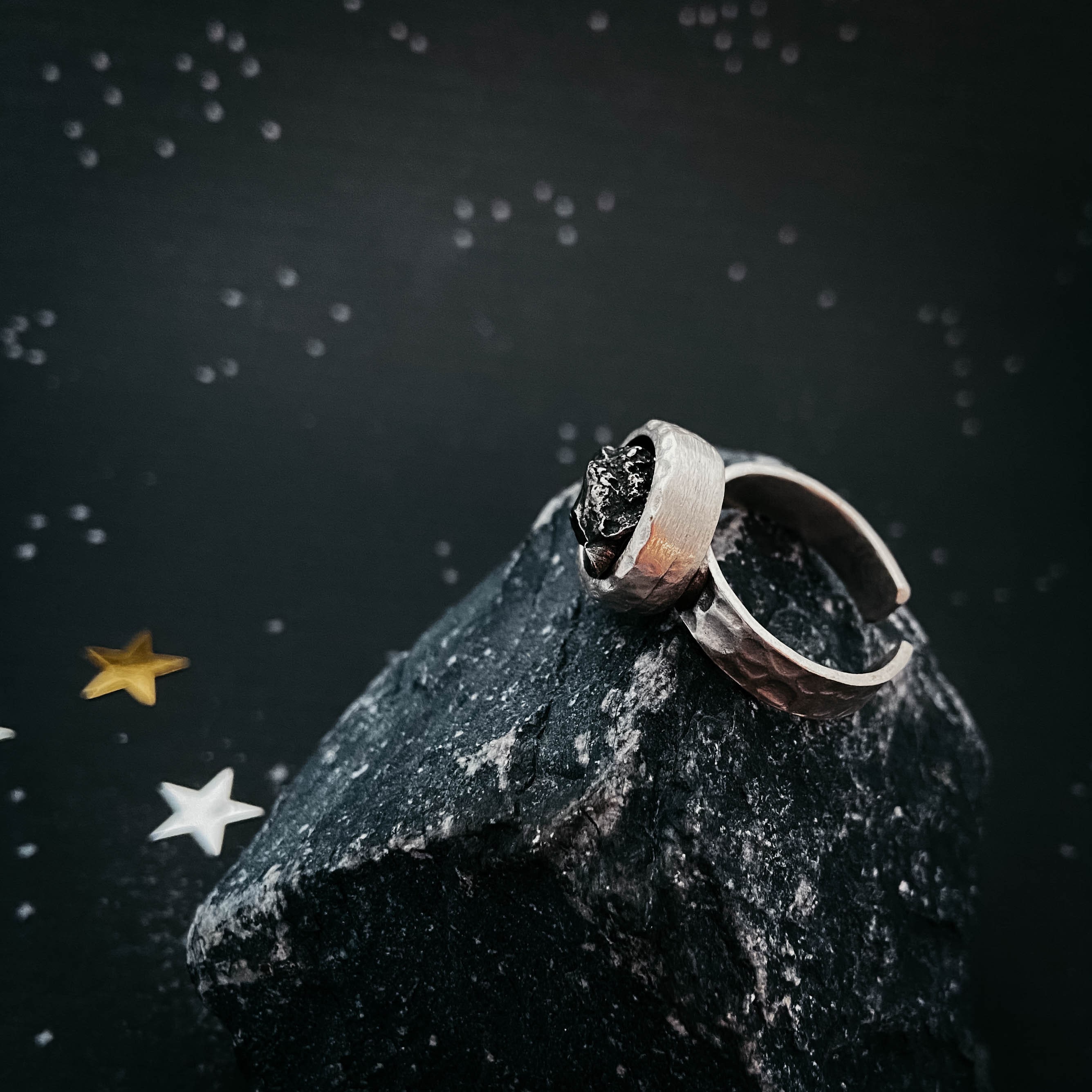 ★SENTIMENTS★ NO.309 [SILVER] ROUND METEOR RING Meteorite Rings, Meteor Rings, 3 Piece Couple Set Silver