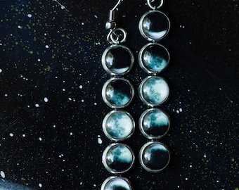 Phases of the Moon Earrings - Vertical Long Lunar Phase Dangle Earrings - Gifts under 50 for Teachers, Women in STEM, Classy Geeks