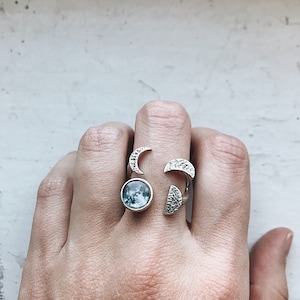 Moon Phase Sculpture Ring - Silver or Gold Lunar Phases Ring with Crescent, Gibbous, and Full Moon - Adjustable Wrap Cocktail Ring