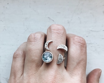 Moon Phase Sculpture Ring - Silver or Gold Lunar Phases Ring with Crescent, Gibbous, and Full Moon - Adjustable Wrap Cocktail Ring