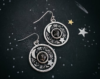 Authentic Meteorite Earrings - Circle Shaped Silver Dangle Earrings with Night Sky Design - Raw Genuine Meteorite - Stars and Moon Jewellery