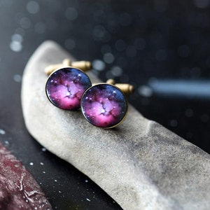 Trifid Nebula Cuff Links Galaxy Accessories Wedding, Gifts for Men, Pink and Blue Cufflinks, Outer Space Galaxy Themed Wedding Celestial Antique Bronze Tone