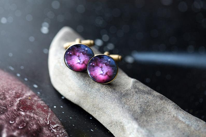 Trifid Nebula Cuff Links Galaxy Accessories Wedding, Gifts for Men, Pink and Blue Cufflinks, Outer Space Galaxy Themed Wedding Celestial Antique Bronze Tone