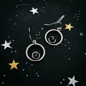 Authentic Meteorite Earrings - Circle Shaped Silver Dangle Earrings - Raw Genuine Meteorite - Rough Meteor Jewelry, Organic Shaped Stone