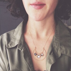 Galilean Moons of Jupiter Statement Necklace - Unique Crescent Shaped 14k Gold Planet Necklace with Planet and Jovian Moon Charms