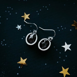 Genuine Meteorite Earrings - Oval Shaped Silver Dangle Earrings - Raw Authentic Meteorite - Rough Meteor Jewelry, Organic Shaped Stone