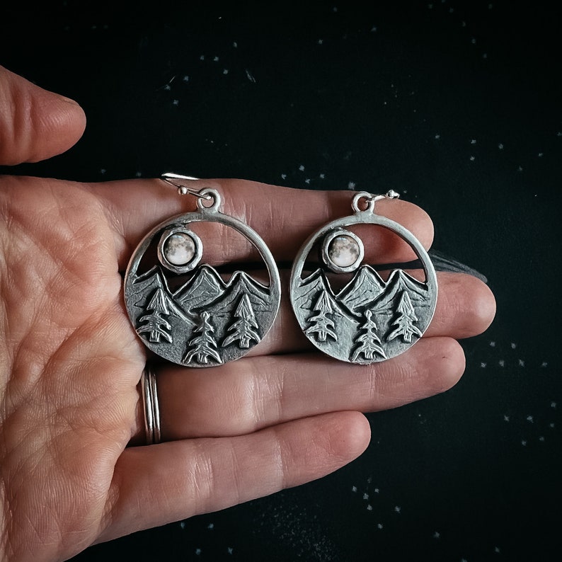 My Moon Rising Over Mountain and Treelined Landscape Dangle Earrings Custom Phase of the Moon Jewelry from Specific Date, Nature Jewelry image 4