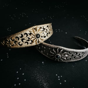 Solar Eclipse Cuff with Flashy Dark Stone and Crescent Moons, Celestial Boho Jewelry image 2