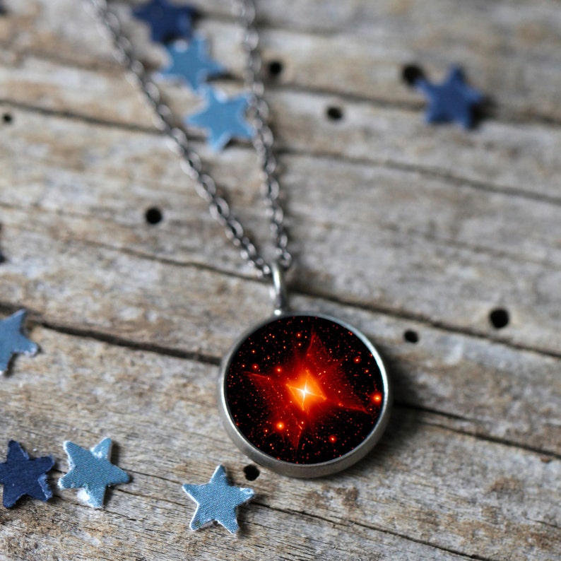Red Square Nebula Pendant Galaxy Space Necklace Antique Silver or Bronze Cosmos Jewellery, Outer Space Universe Science Gift Antique Silver Tone