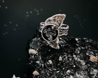 Crescent Moon Ring with Genuine Authentic Campo del Cielo Meteorite - Celestial Lunar Jewelry with Outer Space Rocks, Hammered Silver Ring