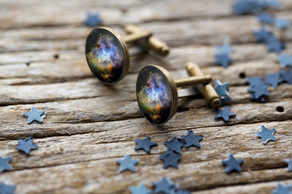 PAIRE DE BOUTONS DE MANCHETTE vintage DECOR PLANETE ETOILE GALAXIE carré argenté