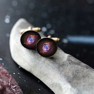 Cat Eye Nebula Cuff Links Galaxy Accessories Wedding, Gifts for Men, Pink and Blue Cufflinks, Science Wedding Outer Space Antique Bronze Tone