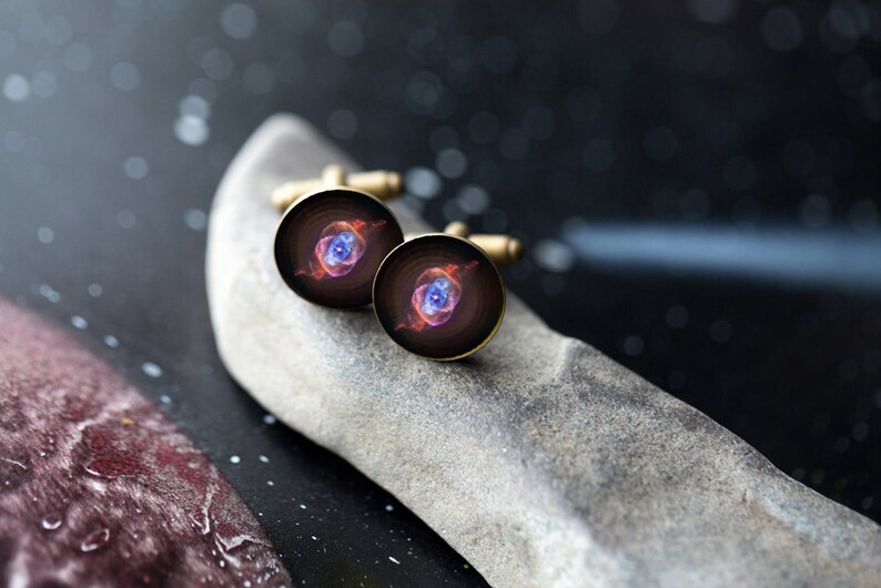 Cat Eye Nebula Cuff Links Galaxy Accessories Wedding, Gifts for Men, Pink and Blue Cufflinks, Science Wedding Outer Space Antique Bronze Tone