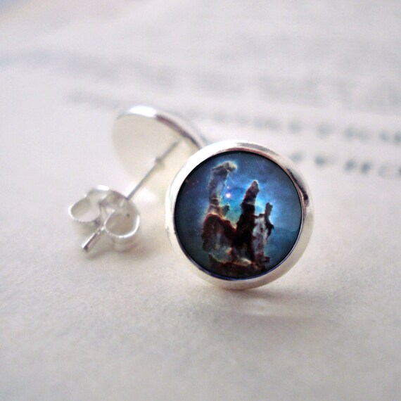 Pillars of Creation Stud Earrings - Tiny Silver Petite Silver Galaxy Studs- Science, Astronomy, Universe, Outer Space, Cosmos, Blue Brown