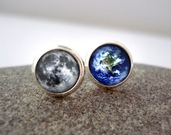 Earth and Moon Earrings - Tiny Silver Petite Outer Space Studs- Galaxy Jewellery, Astronomy, Universe - Cosmic Planet Lunar Post Earrings