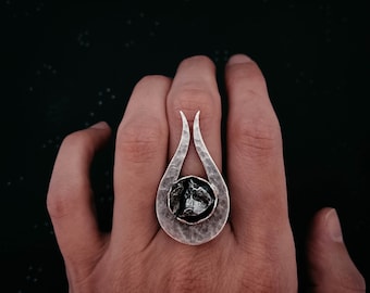 Bague comète avec authentique météorite crue de Campo del Cielo - Bague de cocktail unisexe étoile filante Newoise - Bijoux célestes de l'espace