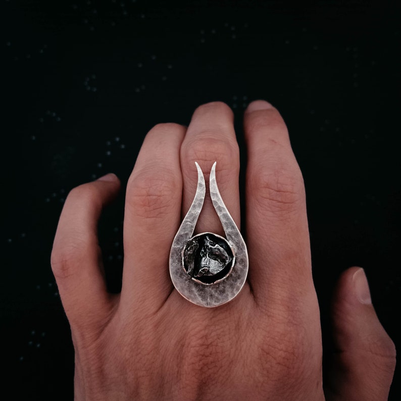 Space Celestial Jewelry Comet Ring with Authentic Campo del Cielo Raw Meteorite Shooting Star Newoise Unisex Statement Cocktail Ring