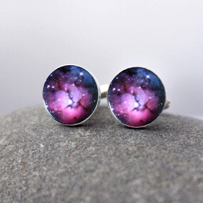 Trifid Nebula Cuff Links Galaxy Accessories Wedding, Gifts for Men, Pink and Blue Cufflinks, Outer Space Galaxy Themed Wedding Celestial image 2