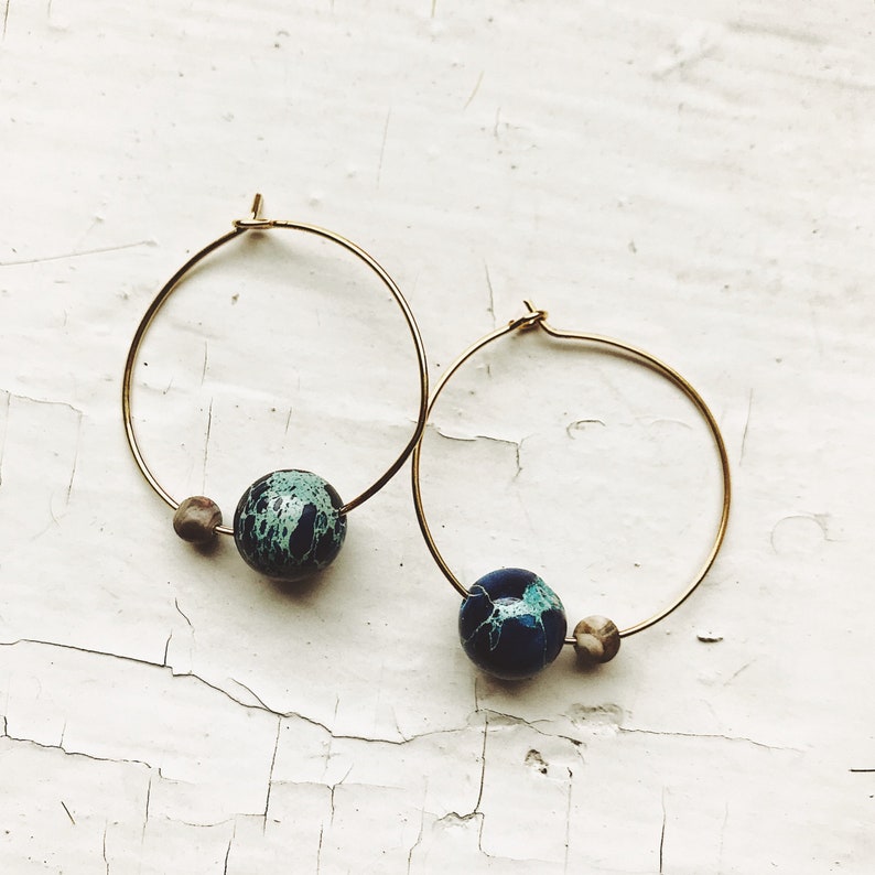 Earth and Moon Jasper Bead Hoop Earrings Planetary Cosmic Earrings, Outer Space Jewelry Simple Celestial Dangle Earrings with Beads Gold Tone