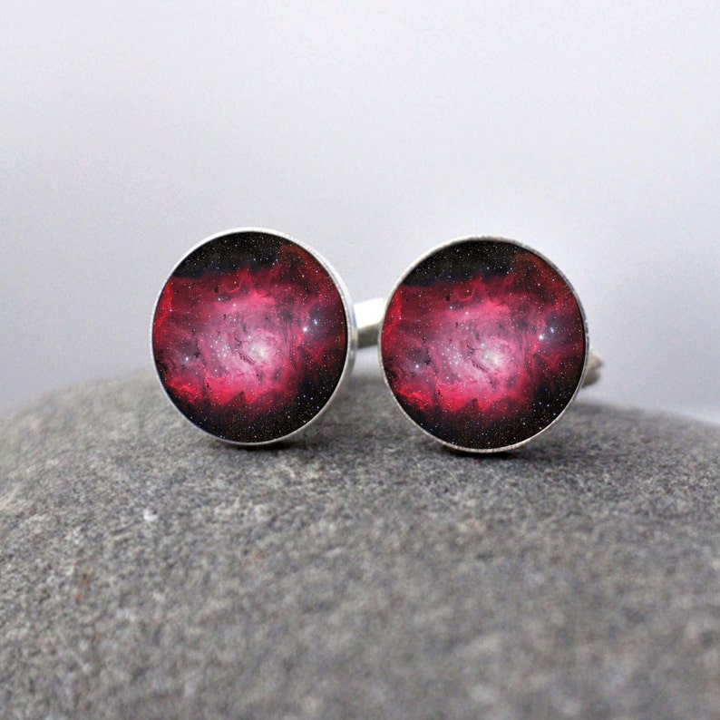 Lagoon Nebula Cuff Links Galaxy Accessories Gifts for Men, Dad, Space Cufflinks, Pink Black, Cosmos, Stars, Fathers Day image 2