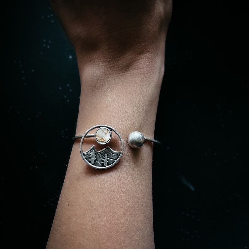 Landscape Cuff Bracelet with Mountains, Trees, and Copper Calcite Moon with Silver Bead Adjustable, Nature Jewelry image 3