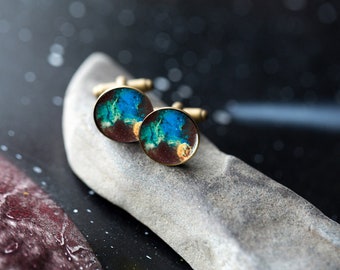 Boutons De Manchette Vintage – Motif Planète étoile Galaxie – Carré Argenté – Très Bon état