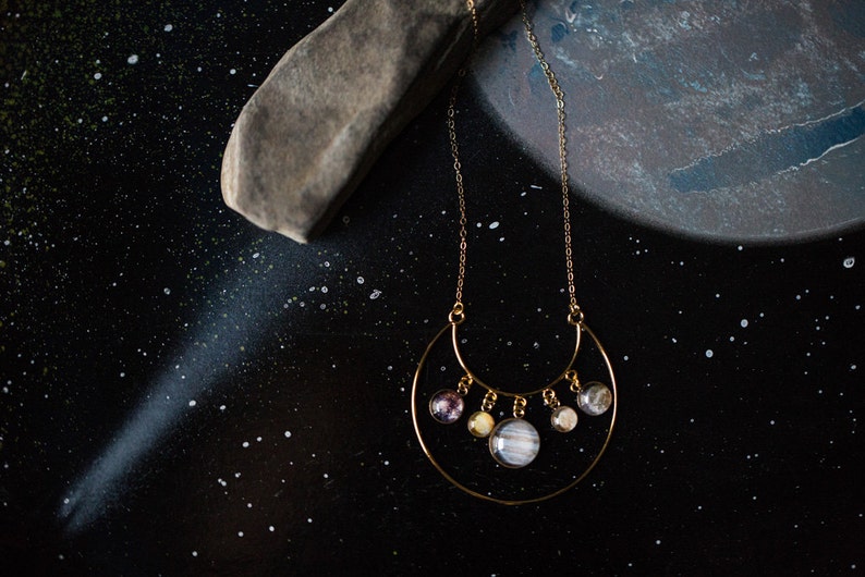 Galilean Moon Necklace Lunar Space Galaxy Jewelry by Yugen Unique Science Gift Moons of Jupiter Statement Pendant in 14k Gold