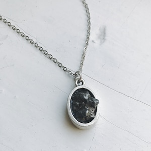 Oval Raw Meteorite Pendant Necklace in Matte Brushed Silver - Authentic Campo del Cielo Meteor Raw Crystal in Silver Oval Pendant Necklace