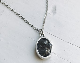 Oval Raw Meteorite Pendant Necklace in Matte Brushed Silver - Authentic Campo del Cielo Meteor Raw Crystal in Silver Oval Pendant Necklace