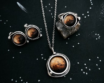 Mars Jewelry Gift Set - Necklace, Earrings, and Ring - Red Planet Matching Jewellery - Phobos and Deimos Martian Moons