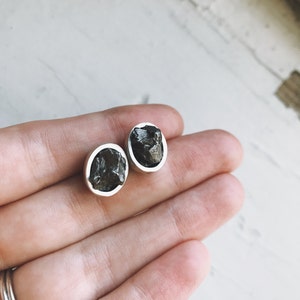 Authentic Meteorite Stud Earrings - Silver Oval Posts with Raw Genuine Meteorite - Meteor Jewelry Organic Simple small space studs