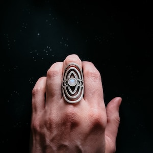 CLEARANCE Cosmic Ripple Ring with Rainbow Moonstone and Phases of the Moon - Gold or Silver Statement Cocktail Ring with Lunar Phases