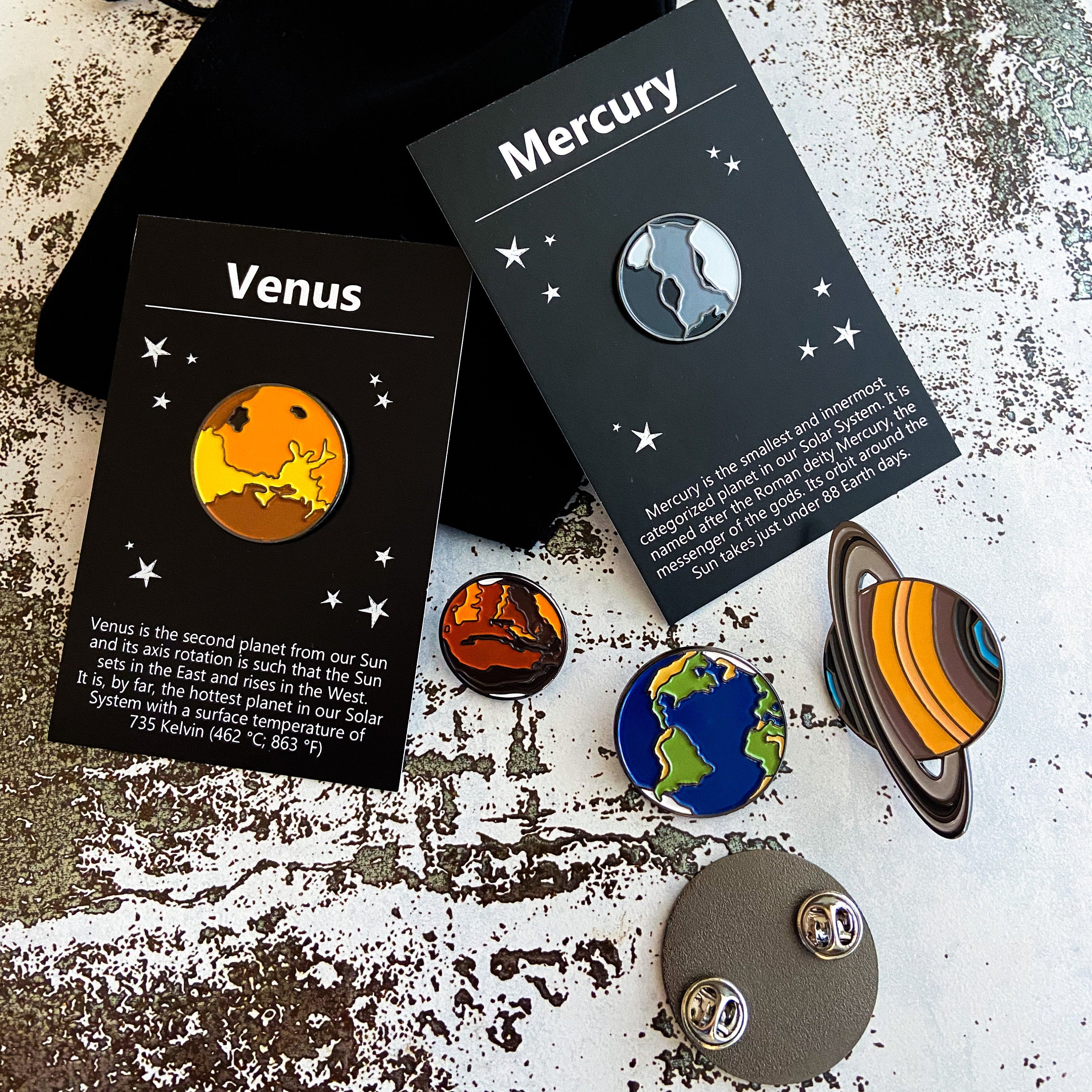 yugenhandmadeco Solar System Planet Enamel Pin Set of 9 - Illustrated Lapel Pins by Lauren Beacham, PLANETARY Pins for Stocking Stuffers, Science Gifts