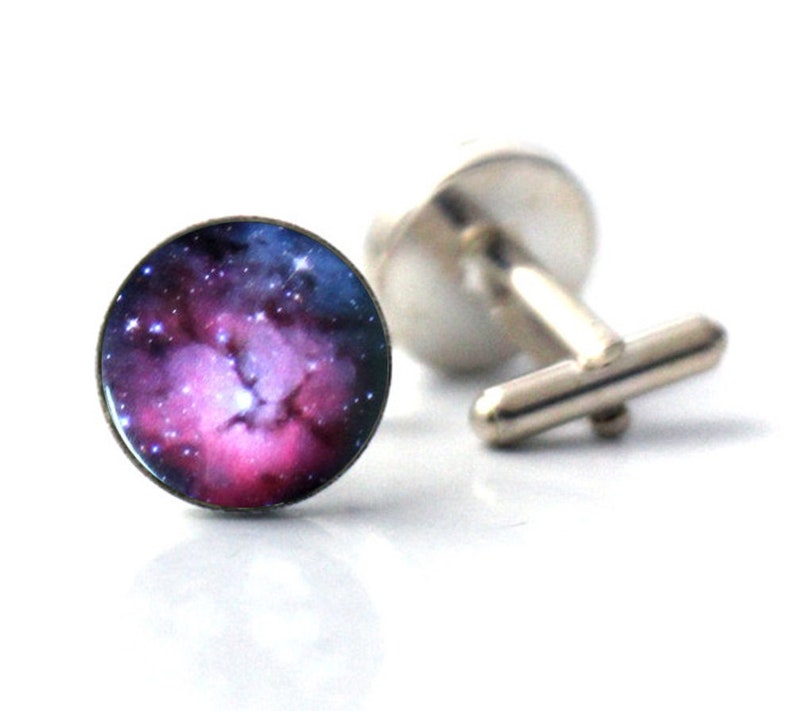 Trifid Nebula Cuff Links Galaxy Accessories Wedding, Gifts for Men, Pink and Blue Cufflinks, Outer Space Galaxy Themed Wedding Celestial Silver Tone