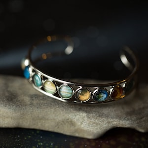 Solar System Silver Bangle Bracelet - Silver Adjustable Open Cuff with Planets including Pluto - Celestial Jewelry by Yugen Handmade