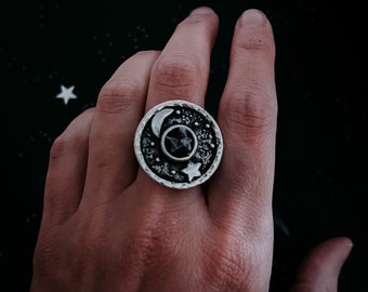 Authentic Meteorite Ring - Night Sky Ring with Campo del Cielo Meteorite Crystal - Rough Meteor Jewelry, Organic, Simple unique space gift
