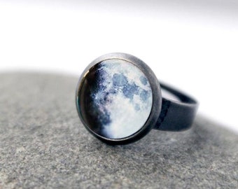 My Moon Custom Adjustable Ring - Gunmetal Silver or Bronze Ring - How Moon Looked on Birthday, Wedding, Anniversary, Milestone, Memorial