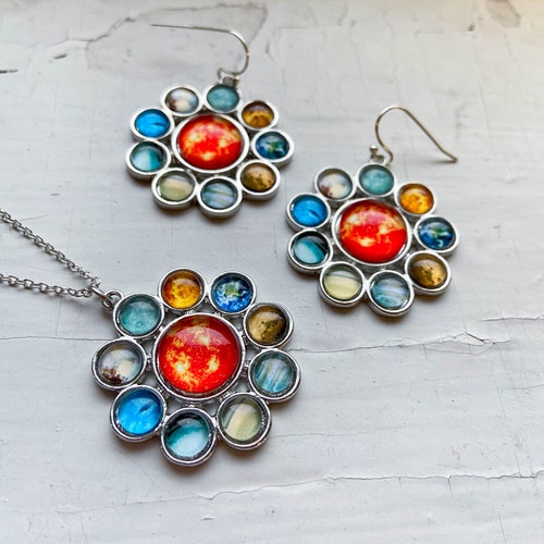 Solar System Halo buying Dangle Earrings - Celestial Jewelry with Sun and Planets - Cosmic Chandelier Earrings, Colorful Planetary Rainbow Circle