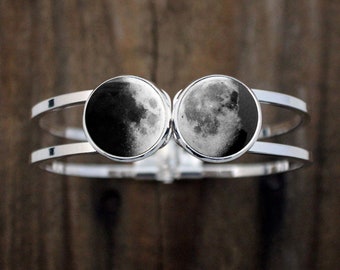 Personalized Hinged Cuff Bracelet with Two Lunar Phases - 2 Custom Moons from Birthdays, Weddings, Anniversaries, Milestones, Memorials