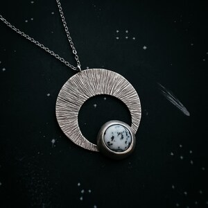 Crescent Moon Pendant with Dendrite - Silver or Gold Lunar Necklace, Bohemian Celestial Jewelry, Boho Style Cosmic Fashion by Yugen