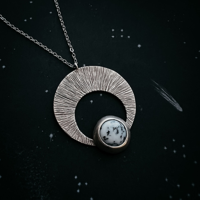 Crescent Moon Pendant with Dendrite - Silver or Gold Lunar Necklace, Bohemian Celestial Jewelry, Boho Style Cosmic Fashion by Yugen