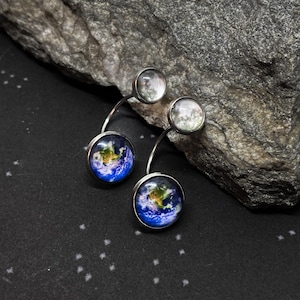 Earth and Moon Ear Jacket Earrings - Solar System Planet Earrings - Celestial Jewelry - Silver - Lunar Satellite - Space Jewelry - Astronomy