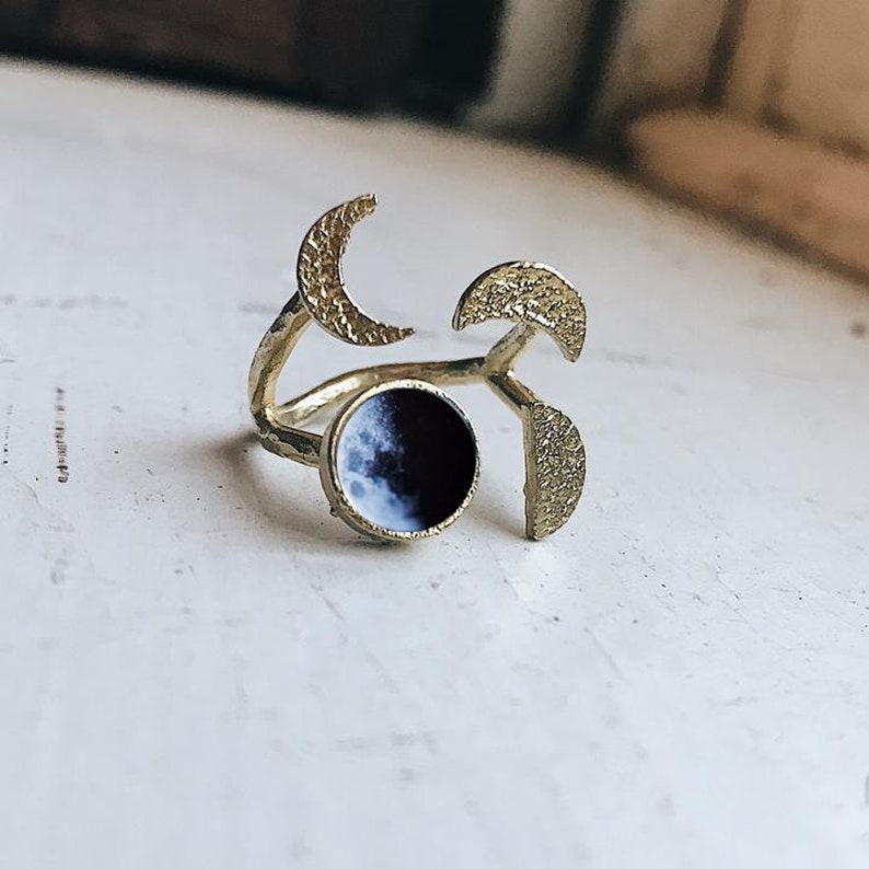 Lunar Phases Personalized Statement Ring with Custom Moon Date Personalized Birthday or Wedding Anniversary Gift, Moon Date Ring Gold