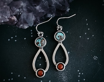 Journey to Mars Dangle Earrings - Copper Chrysocolla Earth and Red Jasper Moon - Celestial Jewelry, Natural Stones - Silver Tone Earrings