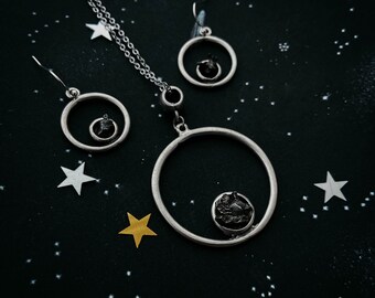 Silver Circle Meteorite Jewelry Set - Authentic Meteorite Celestial Jewelry Set with Matching Necklace and Earrings, Handmade Astronomy Gift